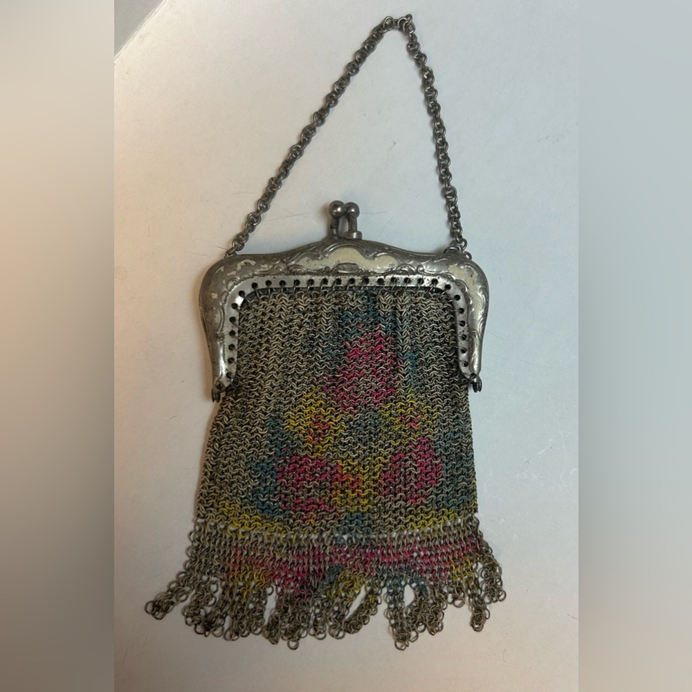 SWEET antique flapper chainmail enamel  purse ART DECO era